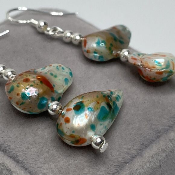 Silver Plated Confetti Dyed Bourque Pearl Beaded Dangle Earrings Boho Unique - Picture 4 of 7